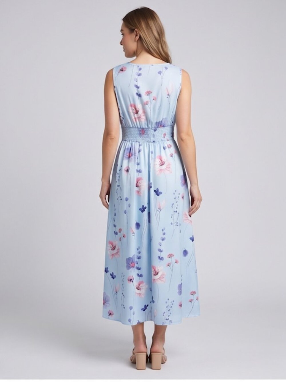 LAST ONE 🔥 Light Blue Floral V-Neck Cinch-Waist Midi Dress - Picture 4 of 6